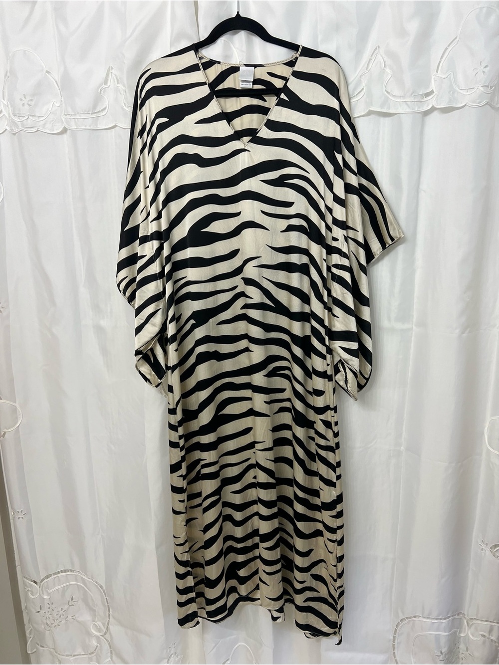 Natori 100% Silk Zebra Print Caftan Dress Kaftan Cover Up XL Black Ivory